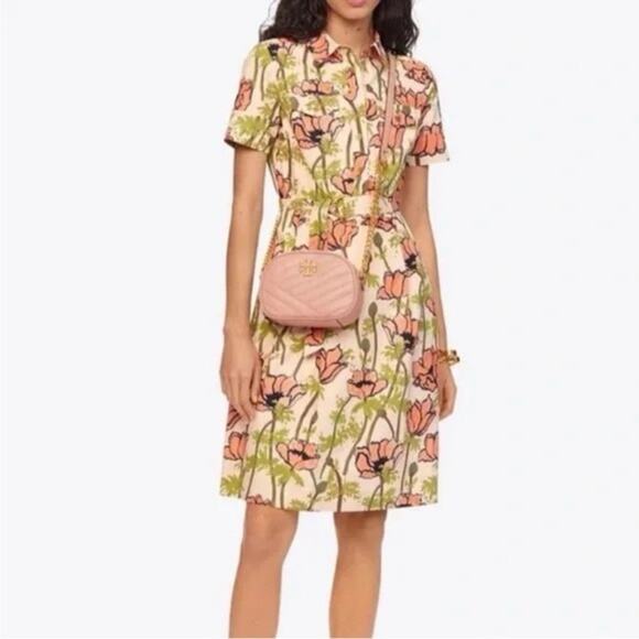 Tory Burch Derrick Poplin Shirt Dress in Pink Poppies Bloom - Picture 3 of 9